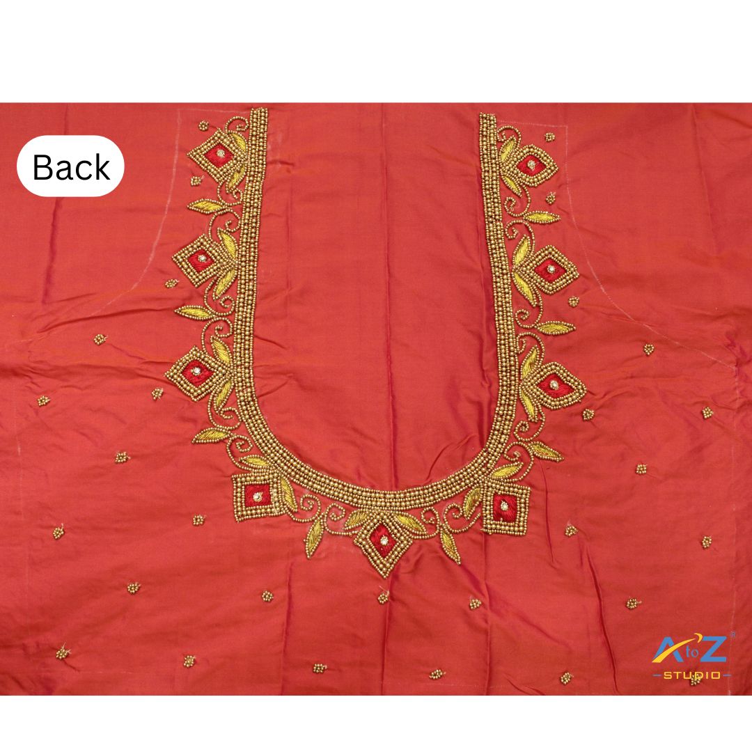 Tomato Silk Blouse Piece With Aari Work