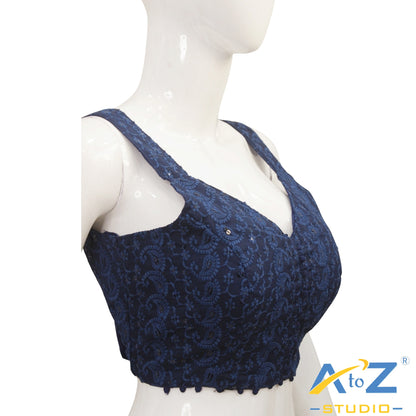 Navy Blue Embroidered Cotton Blouse with Front Button Detailing