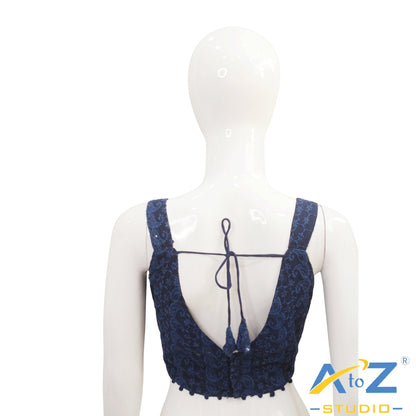 Navy Blue Embroidered Cotton Blouse with Front Button Detailing