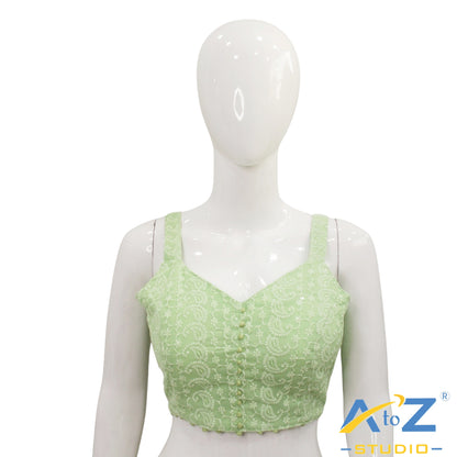Pista Green Embroidered Cotton Blouse with Front Button Detail