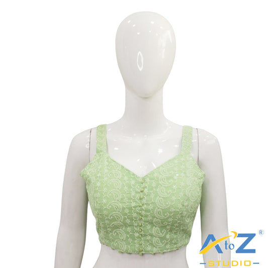 Pista Green Embroidered Cotton Blouse with Front Button Detail
