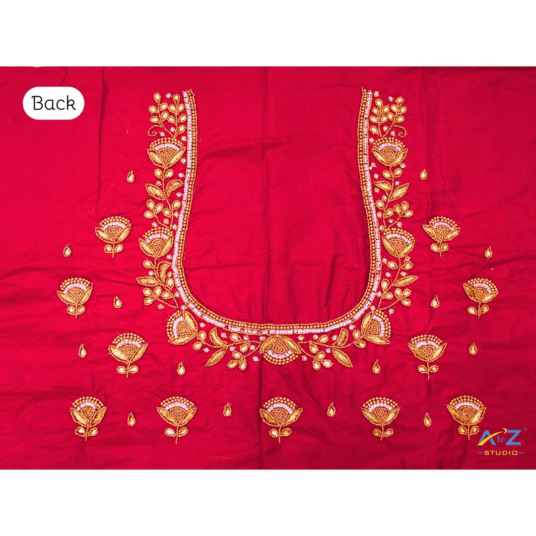 Cherry Red Silk Blouse Piece With Aari Work