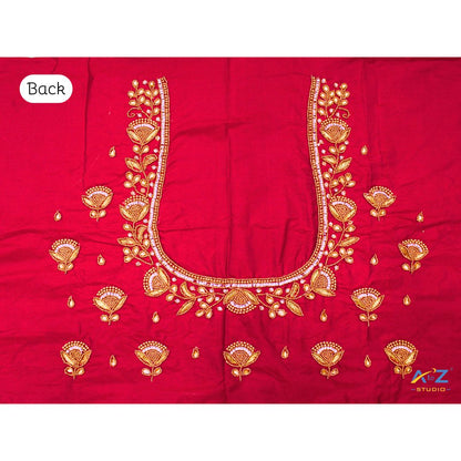Cherry Red Silk Blouse Piece With Aari Work