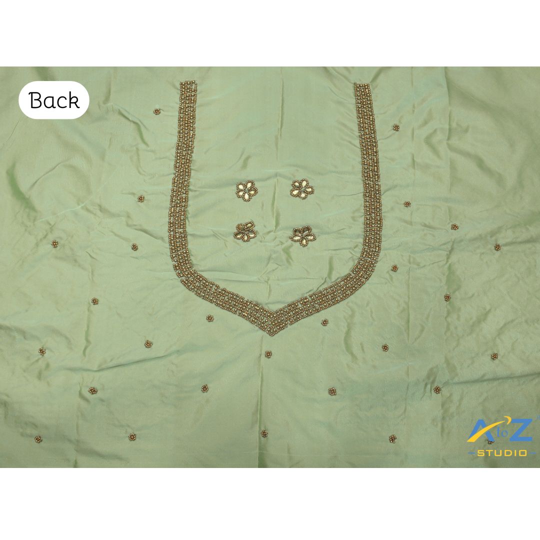 Tea Green Silk Blouse Piece With Aari Work