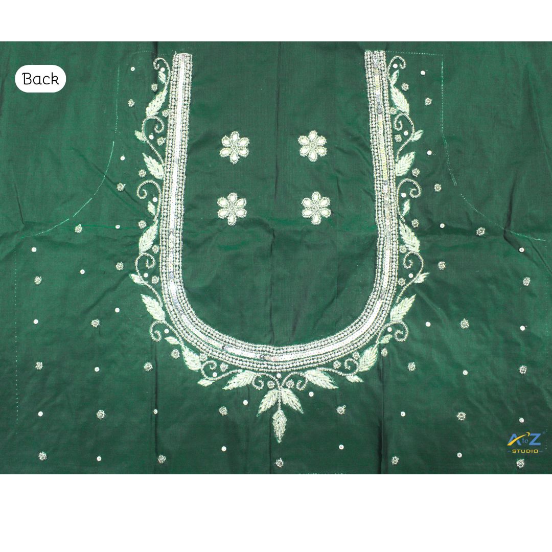 Dark Forest Green Silk Blouse Piece With Aari Work (Silver Work)