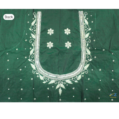 Dark Forest Green Silk Blouse Piece With Aari Work (Silver Work)