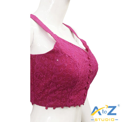 Rani Pink Embroidered Cotton Blouse with Front Button Accents