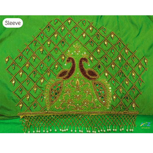 Dark Parrot Green Silk Blouse Piece With Aari Work