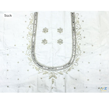 White Silk Blouse Piece With Aari Work (Silver Work)