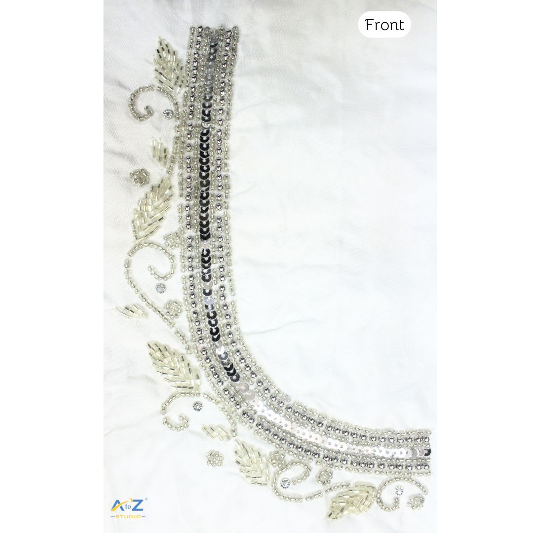 White Silk Blouse Piece With Aari Work (Silver Work)