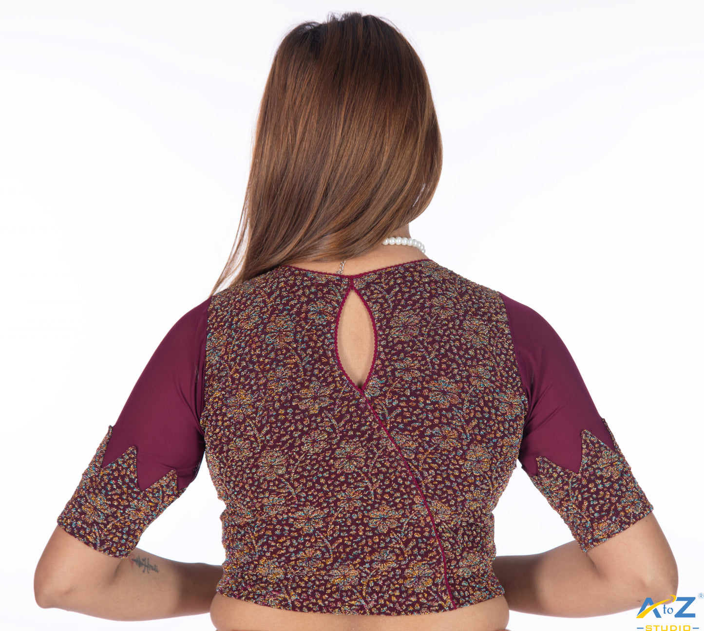 Wine Tissue Lycra Blouse with Multi-Color Jeri Design