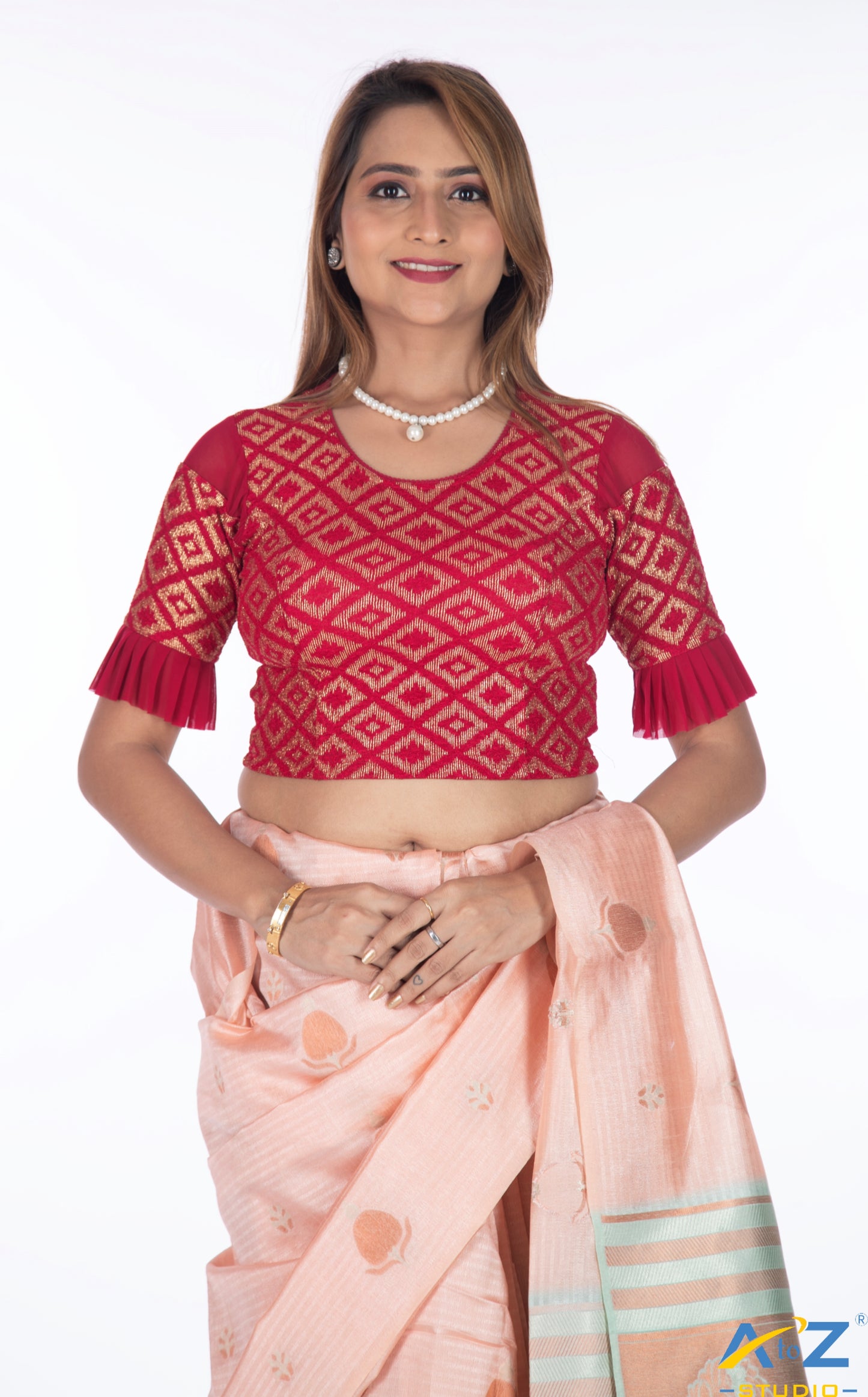 Redish Maroon Zarjet Blouse with Golden Diamond Print