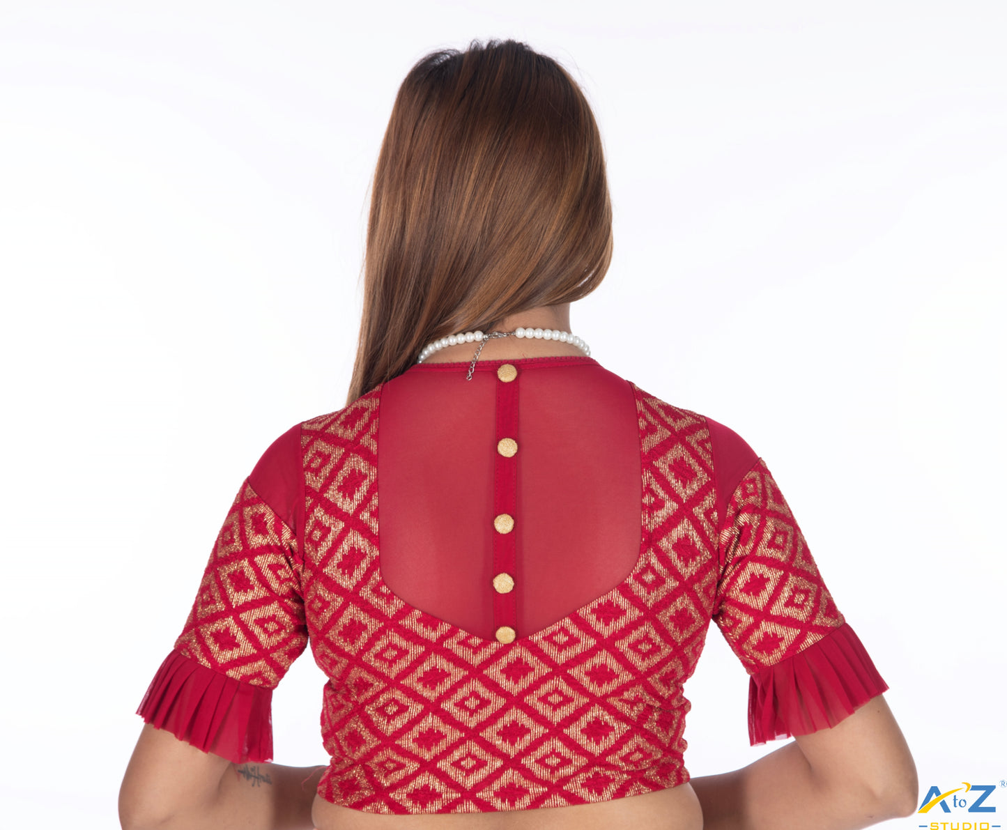 Redish Maroon Zarjet Blouse with Golden Diamond Print