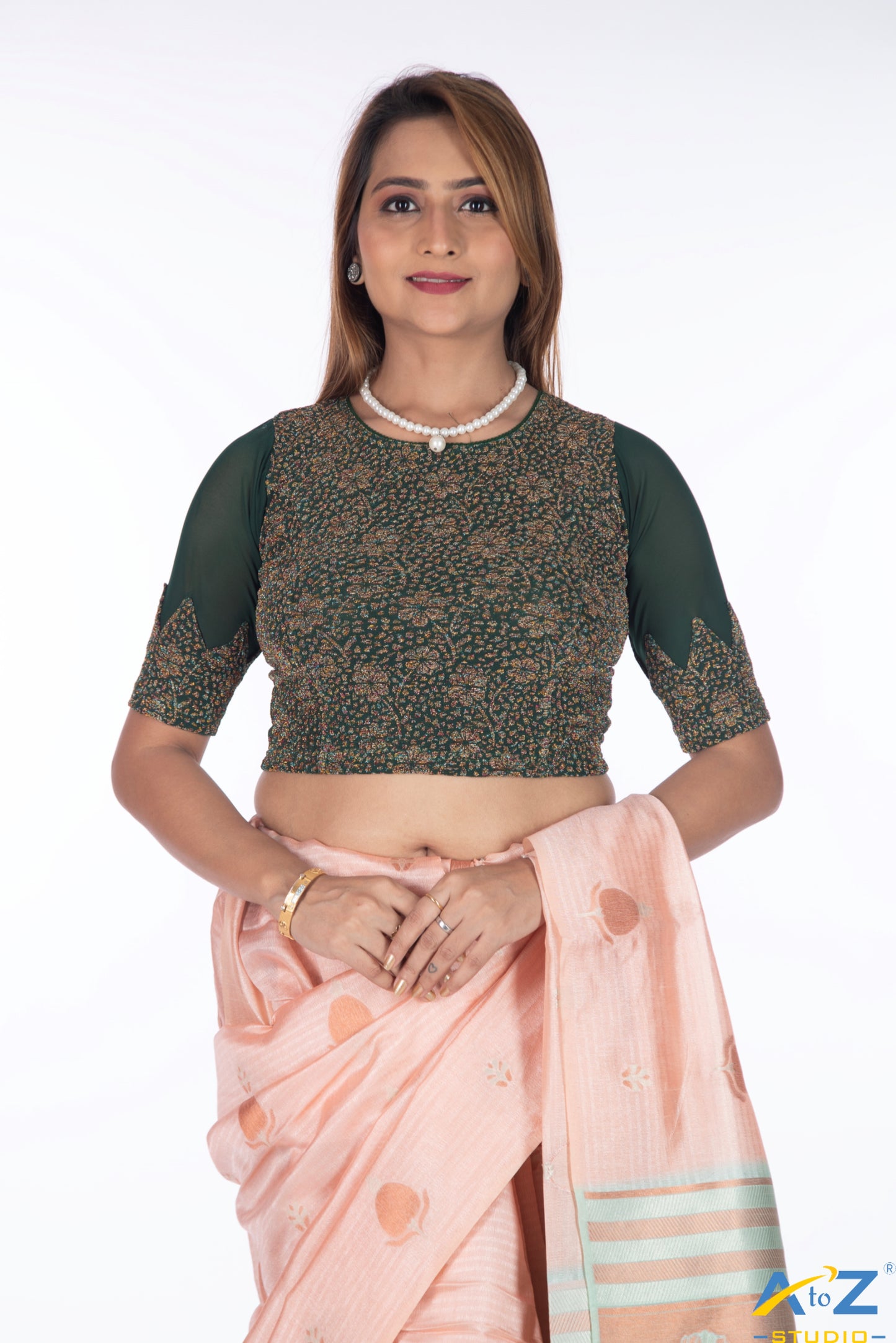 Dark Green Tissue Lycra Blouse with Multi-Color Jeri Design