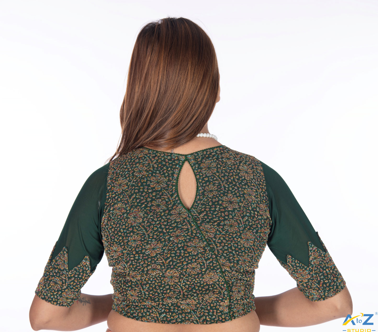 Dark Green Tissue Lycra Blouse with Multi-Color Jeri Design