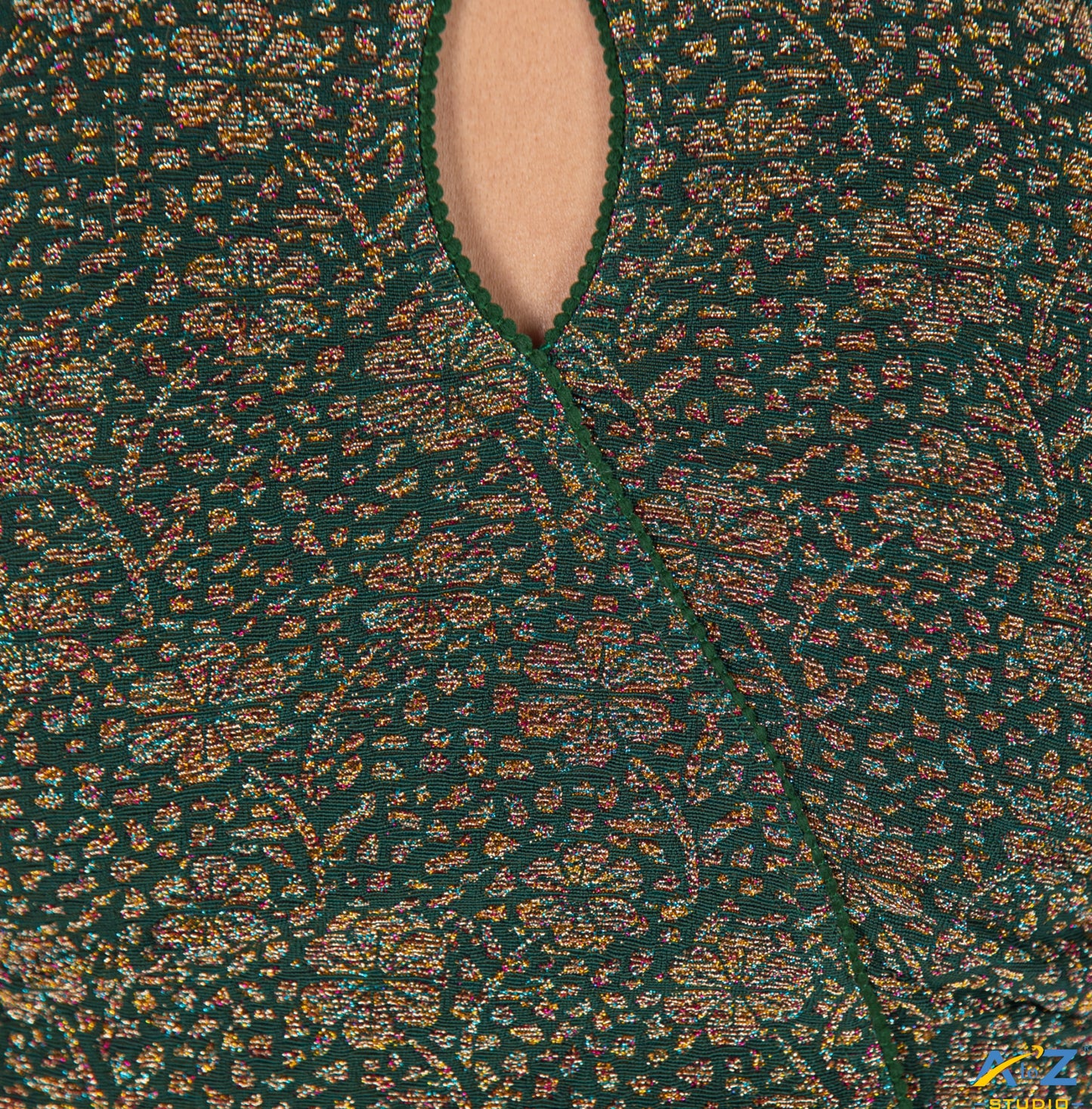 Dark Green Tissue Lycra Blouse with Multi-Color Jeri Design
