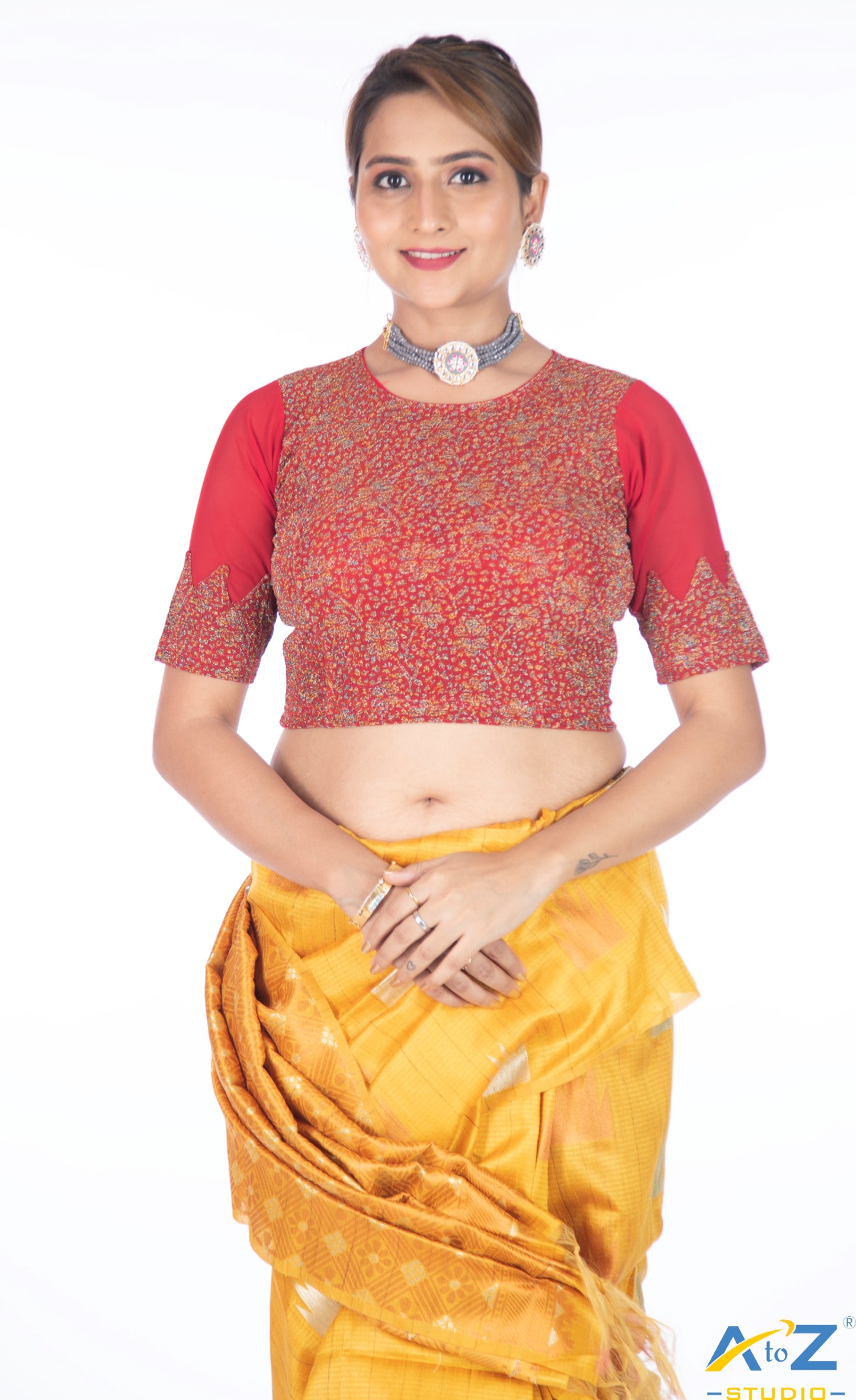 Red Tissue Lycra Blouse with Multi-Color Jeri Design