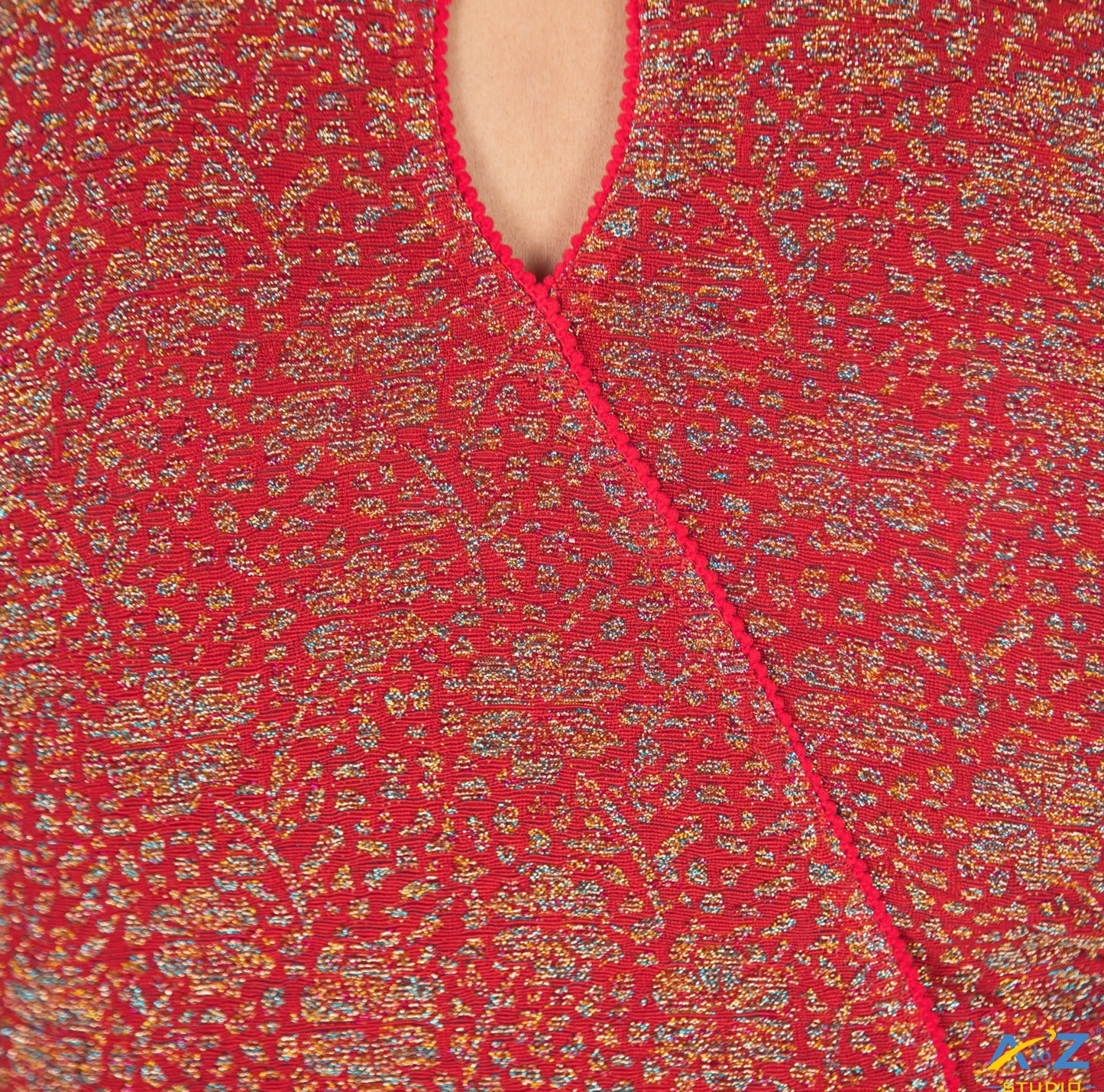 Red Tissue Lycra Blouse with Multi-Color Jeri Design