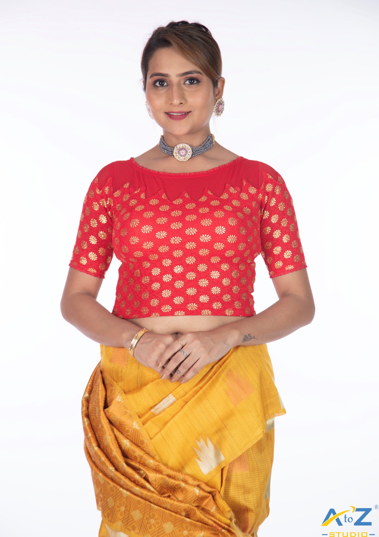 Red Crush Blouse with Golden Flower & Net