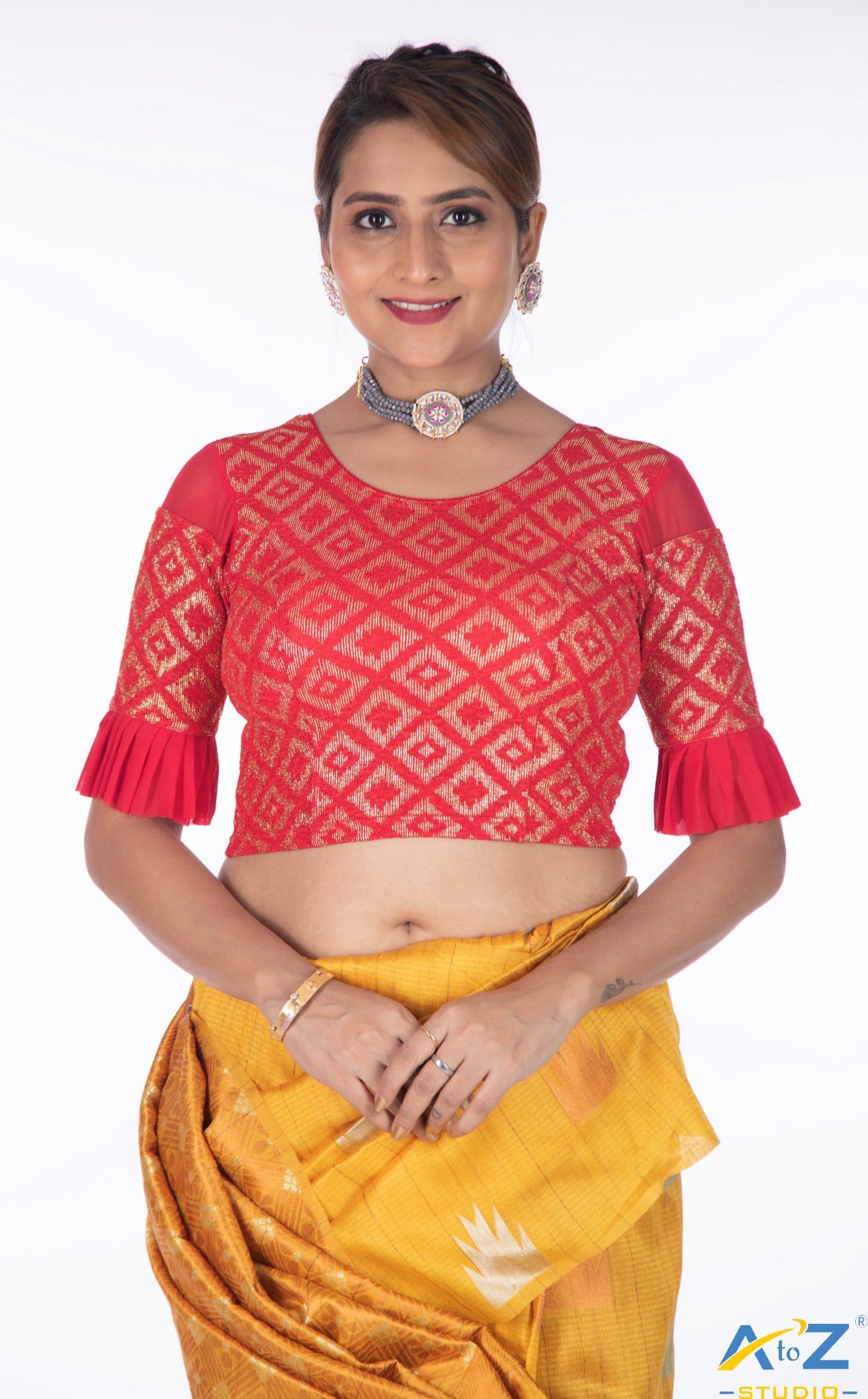 Red Zarjet Blouse with Golden Diamond Print