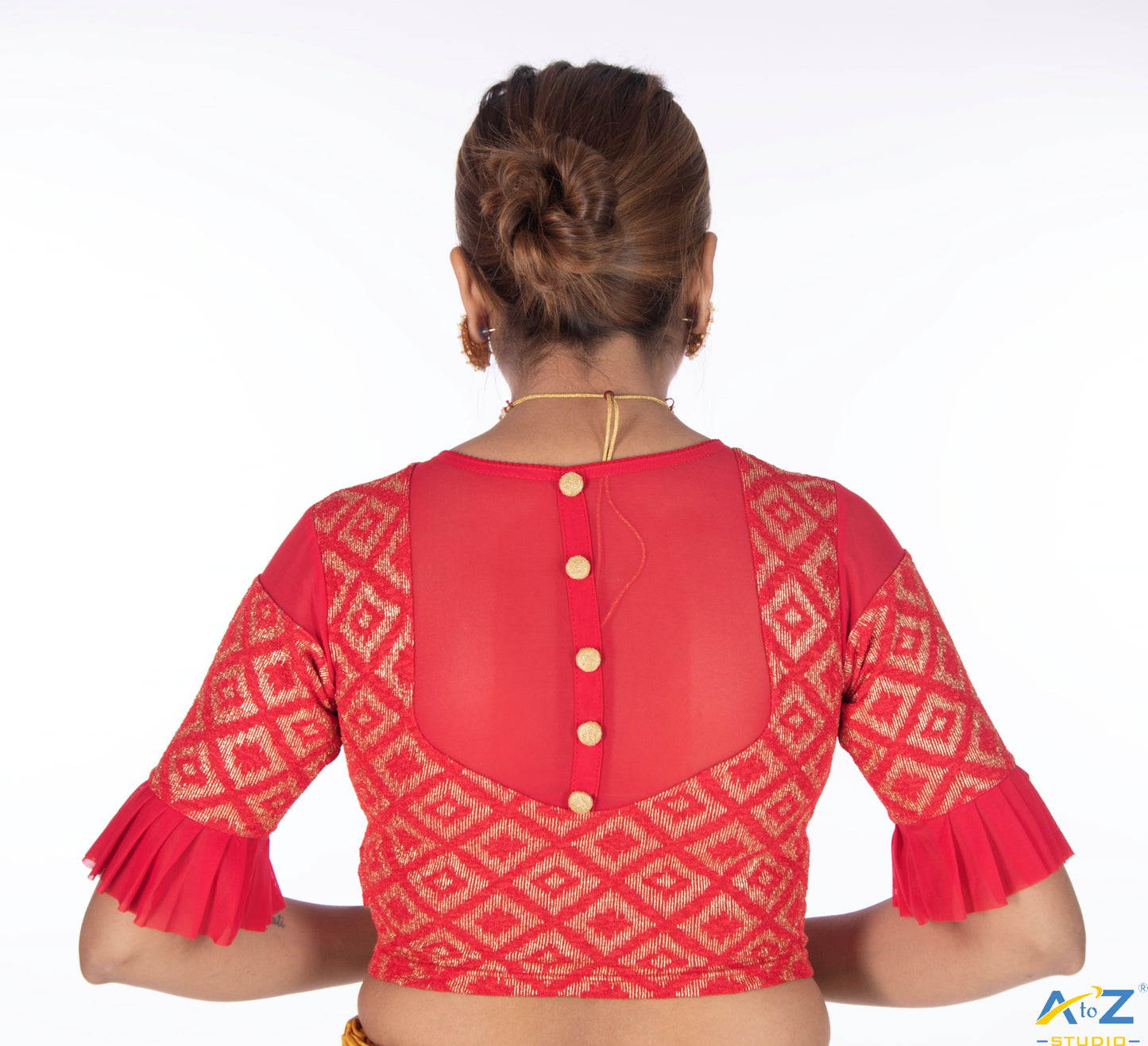 Red Zarjet Blouse with Golden Diamond Print