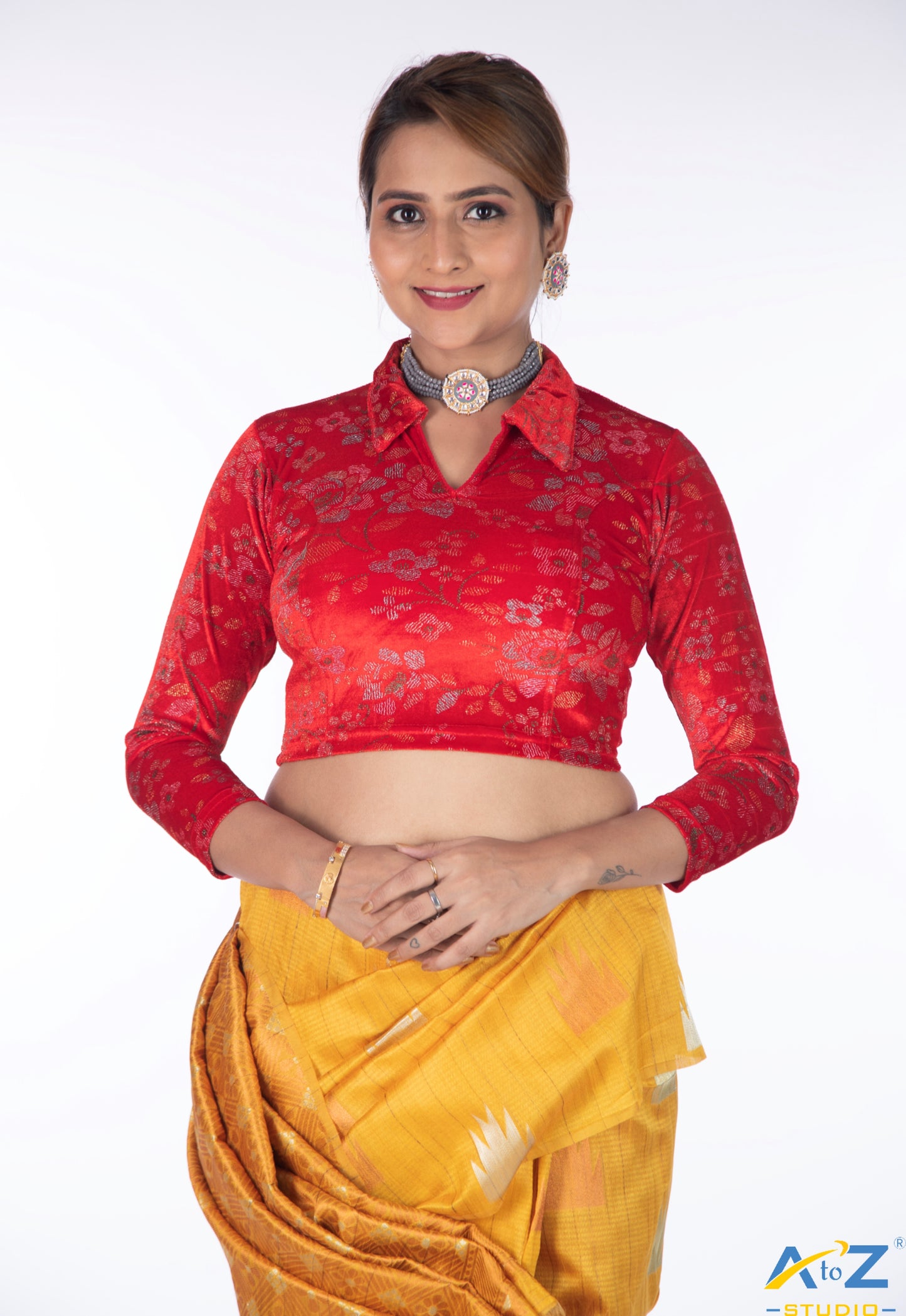 Red Velvet Blouse with Floral Prints