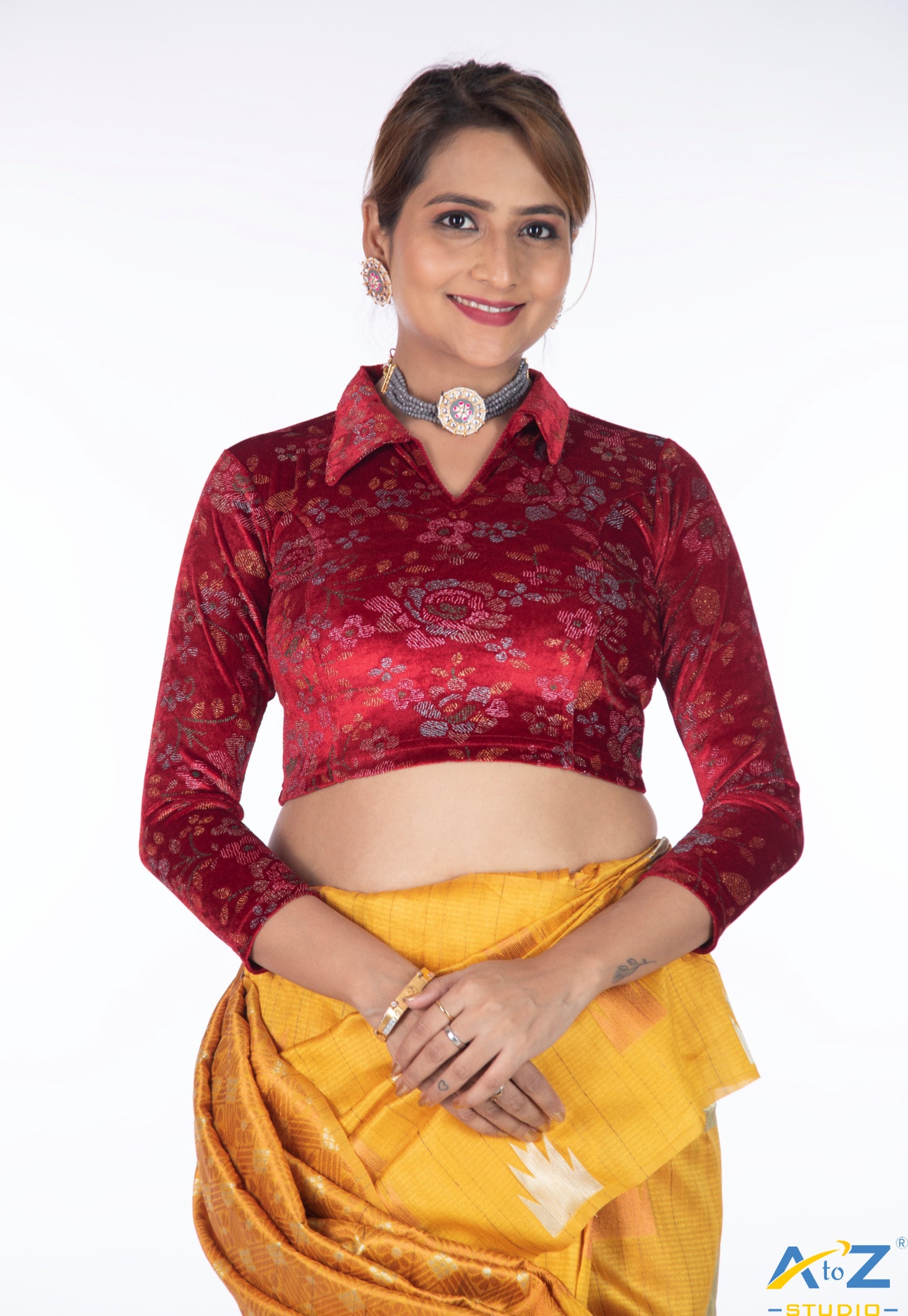 Maroon Velvet Blouse with Floral Prints