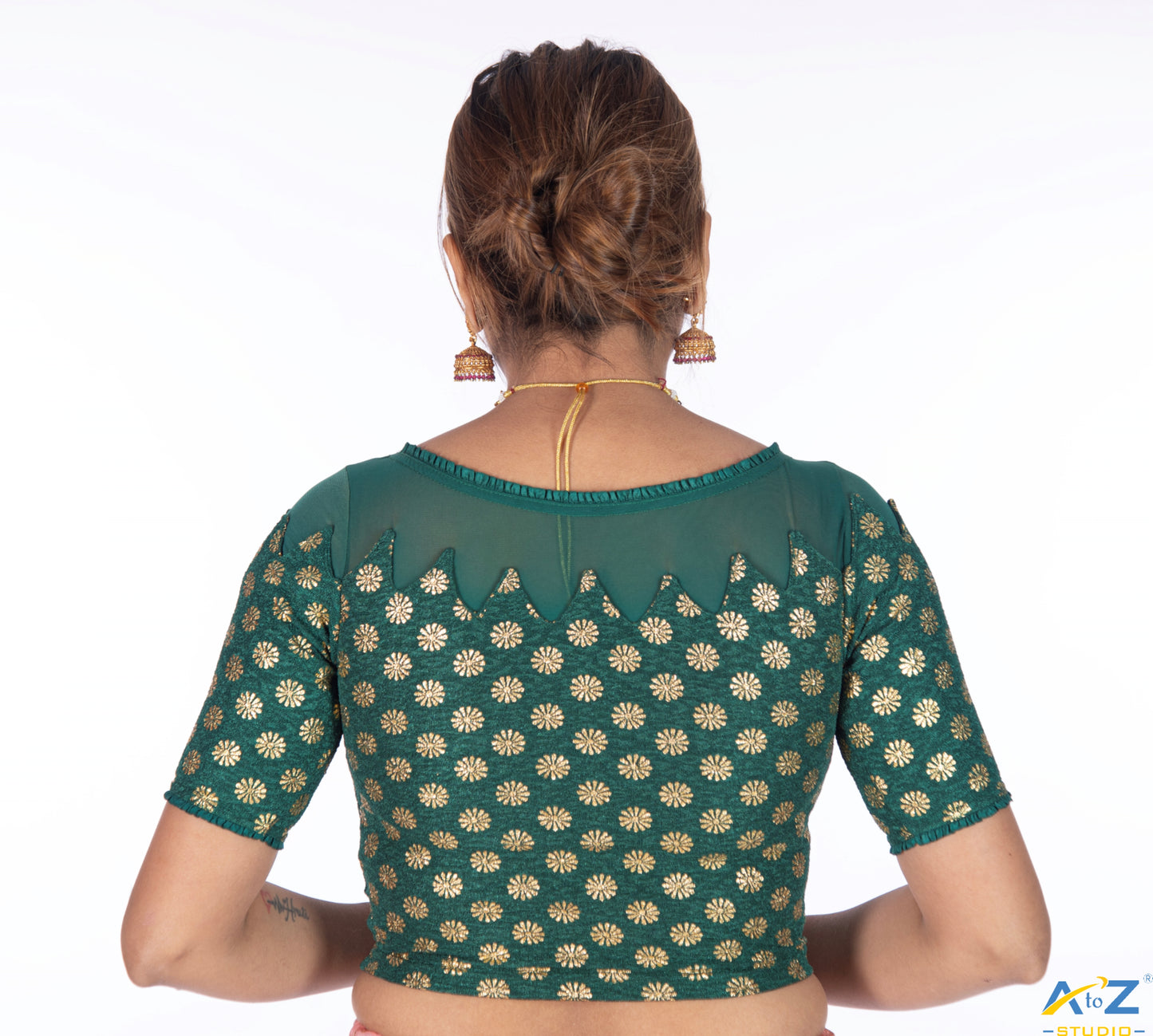 Dark Green Crush Blouse with Golden Flower & Net