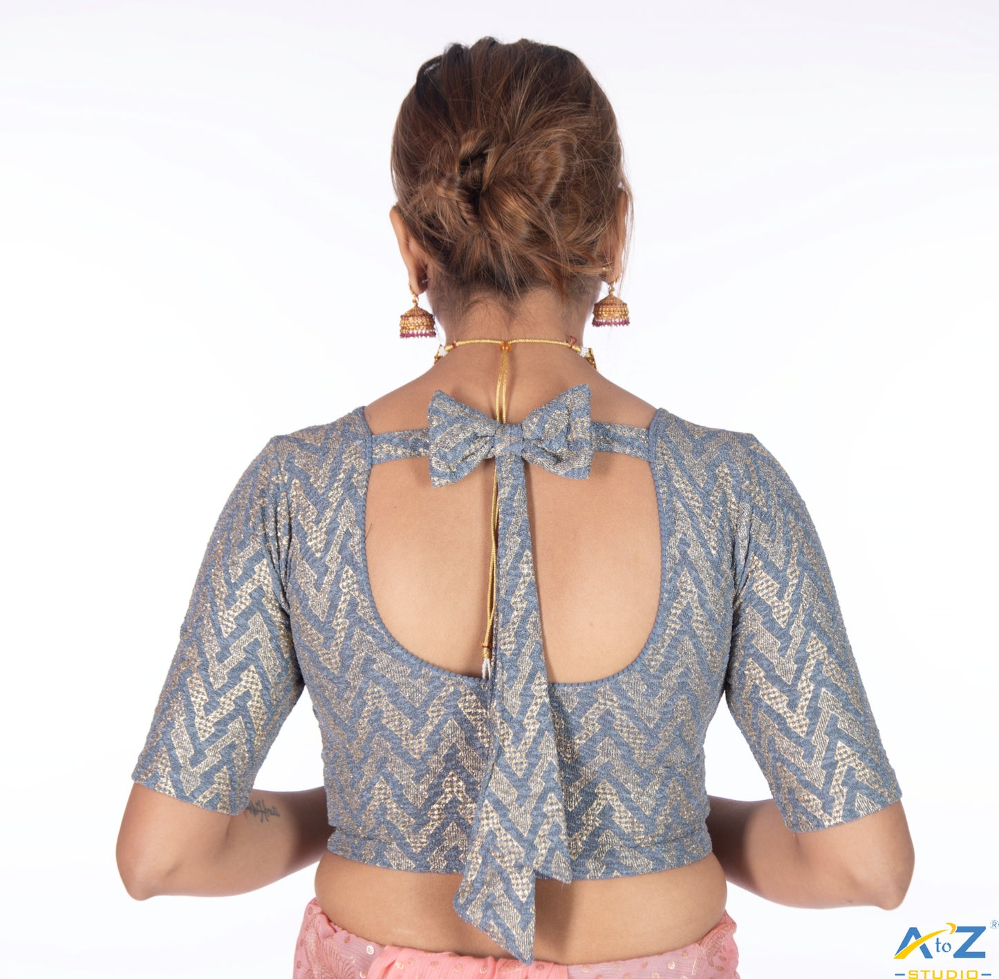 Grey  Crush Blouse with Zig Zag Golden Print