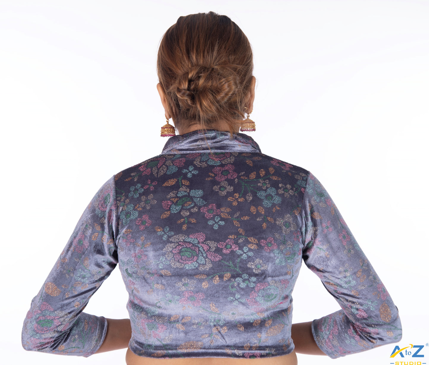 Grey  Velvet Blouse with Floral Prints