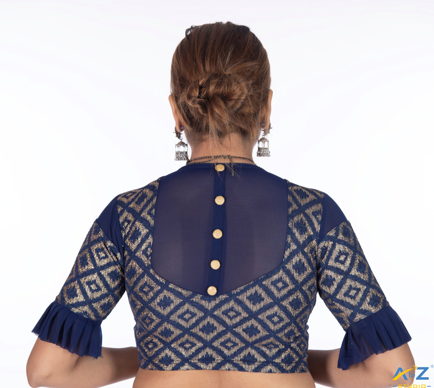 Navy Blue Zarjet Blouse with Golden Diamond Print