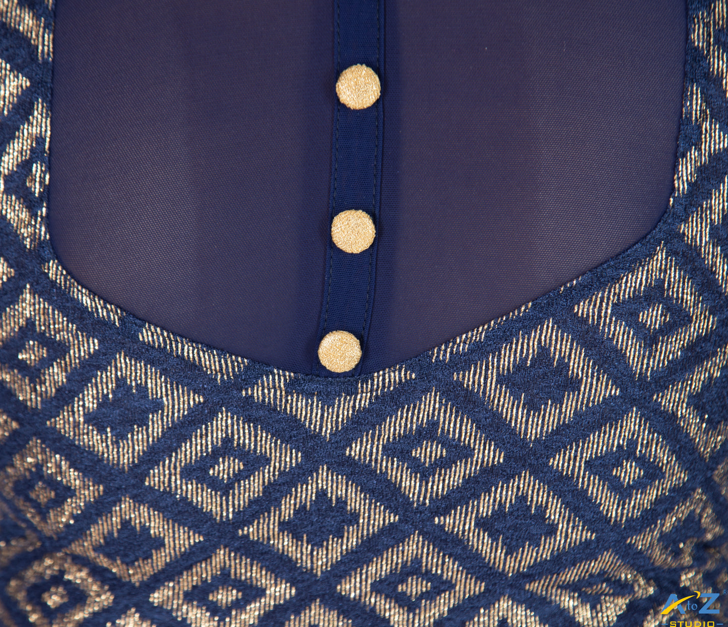 Navy Blue Zarjet Blouse with Golden Diamond Print