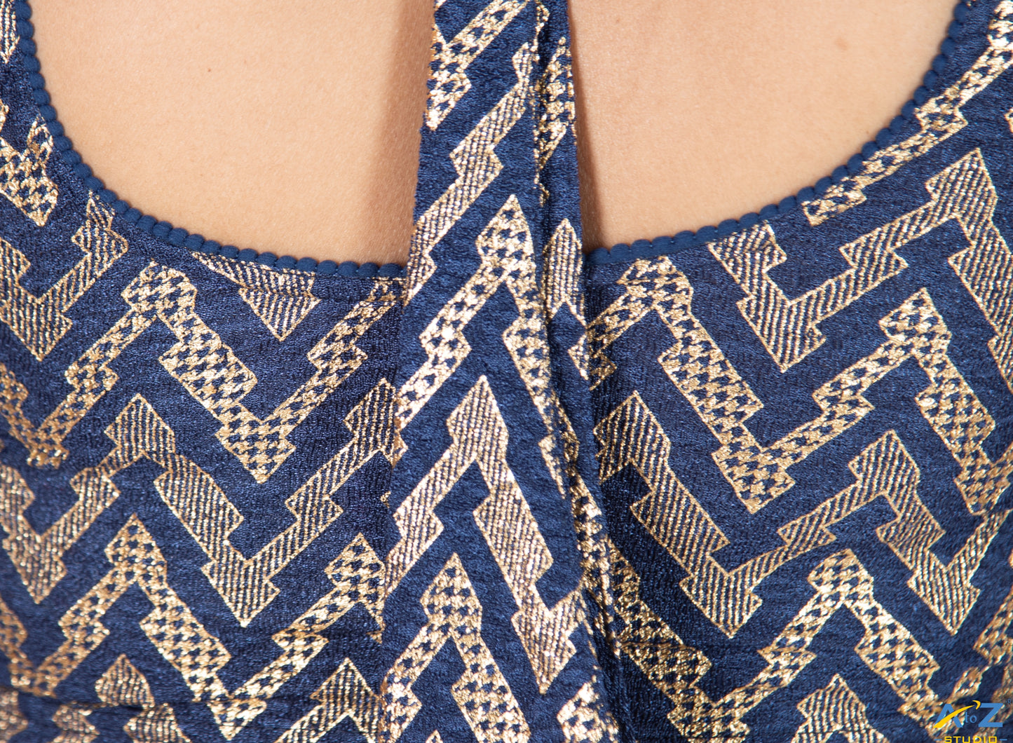Navy Blue Crush Blouse with Zig Zag Golden Print
