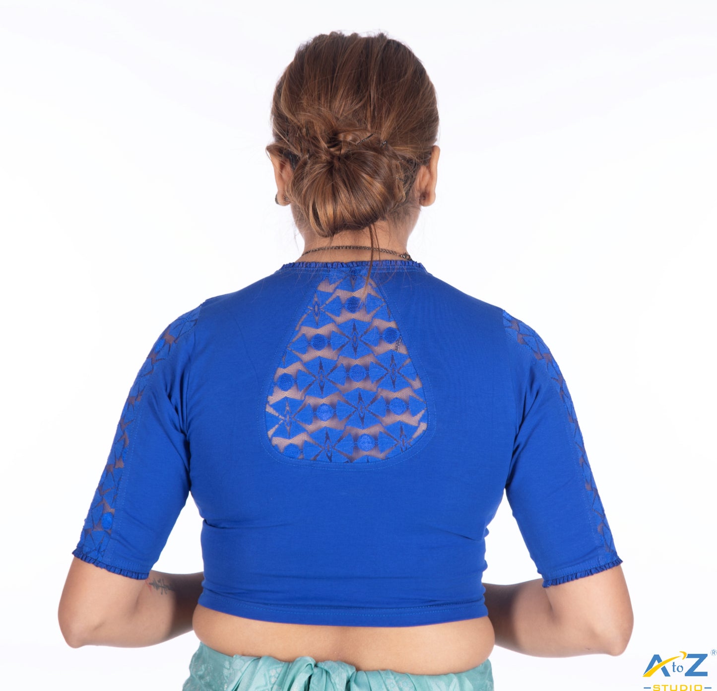 Royal Blue Cotton Lycra Blouse with Netted Flower Design