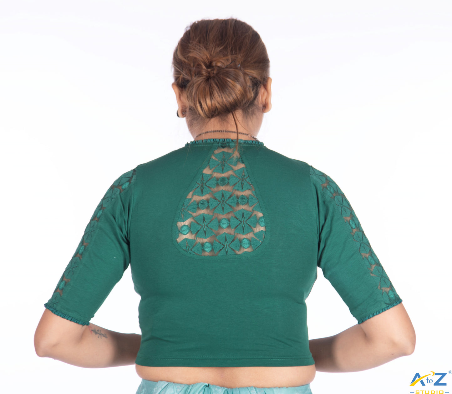 Dark Green Cotton Lycra Blouse with Netted Flower Design