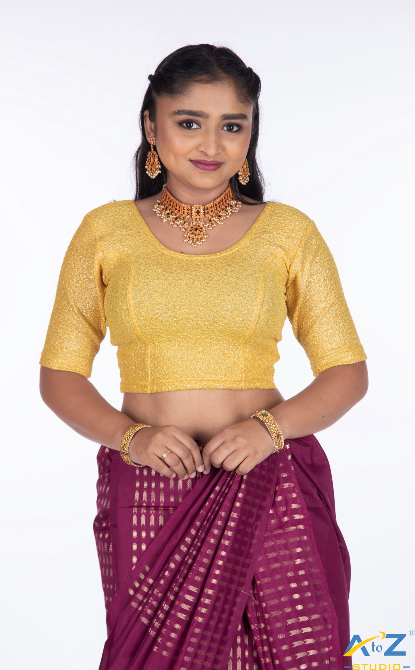 Gold Yellow Tissue Lycra Blouse with Golden Crumble