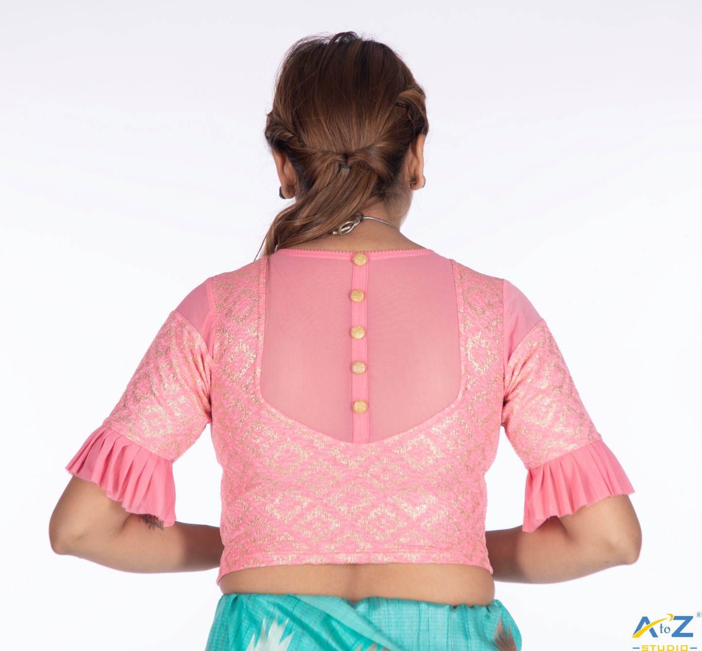 Peach Zarjet Blouse with Golden Diamond Print