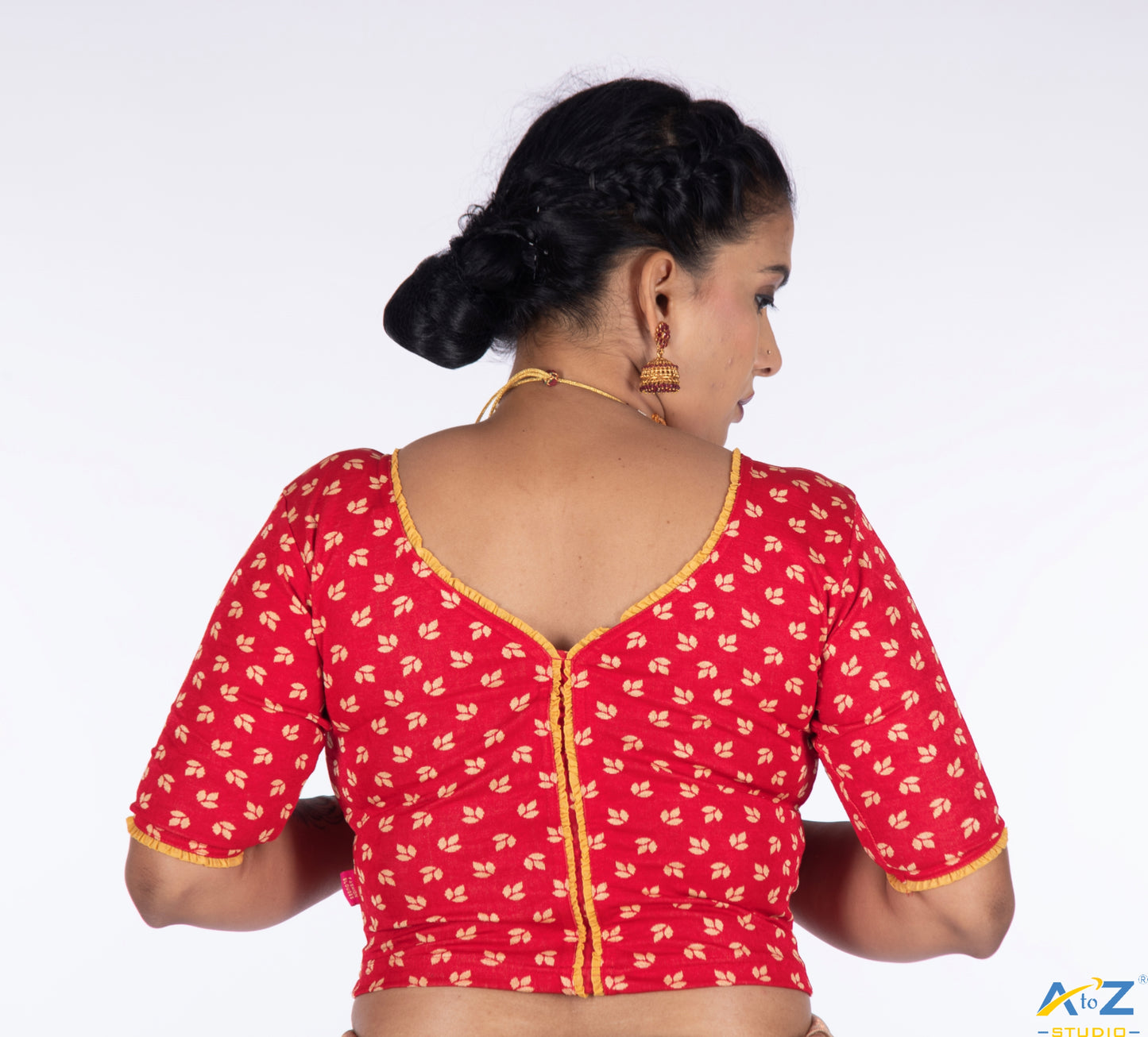 Red  Nylon Lycra Leaf Design Elbow Sleeve Blouse