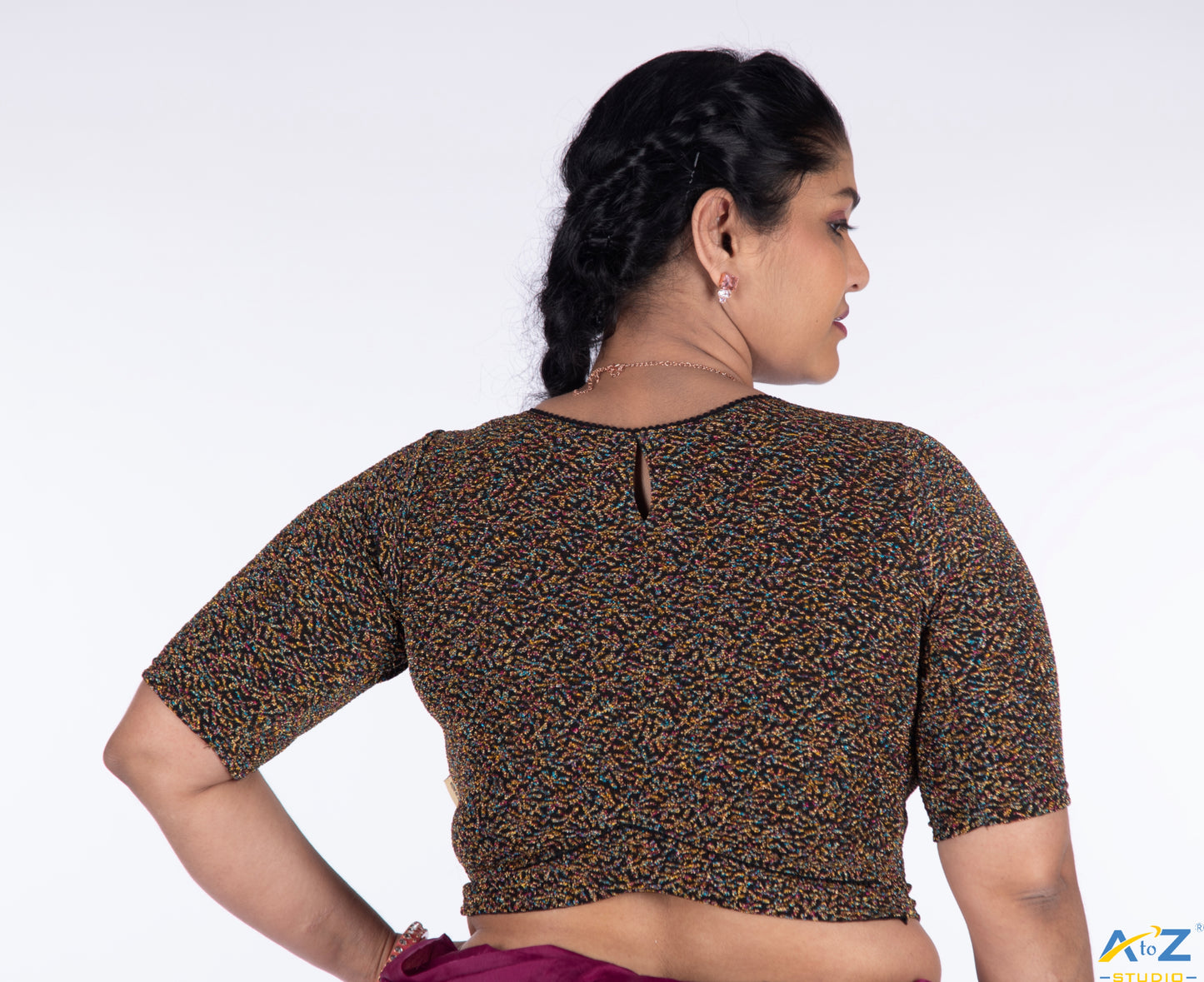 Black Metallic Lycra Boat Neck Blouse