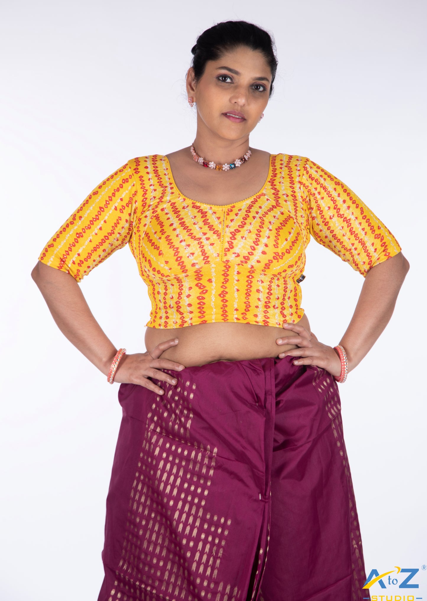 Yellow Cotton Lycra Bandhni Print Blouse