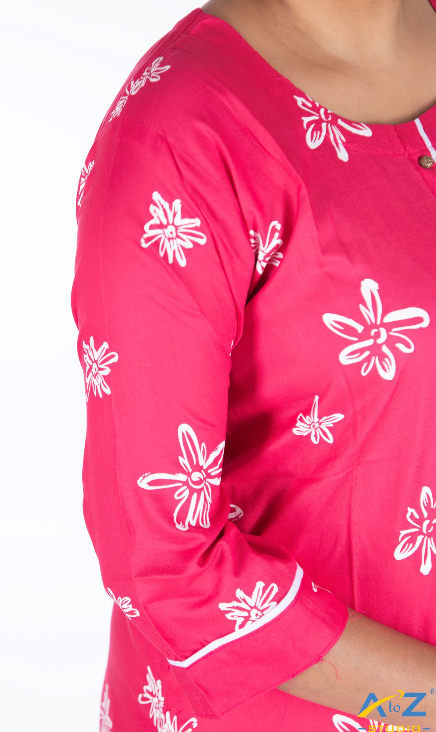 Pink Kurti with White Flower and Center Line Design