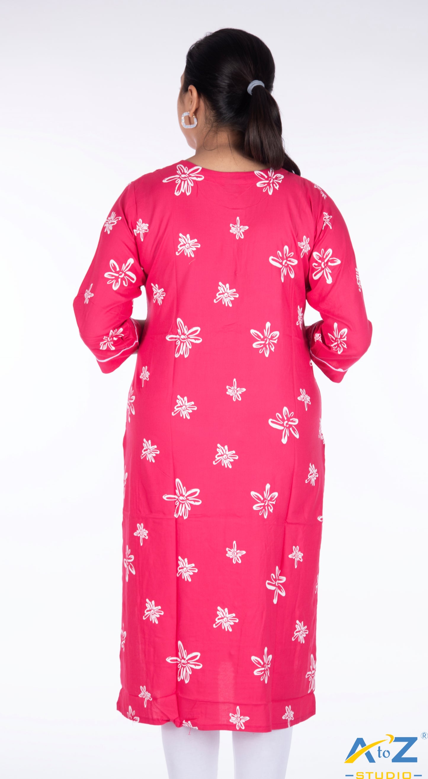 Pink Kurti with White Flower and Center Line Design